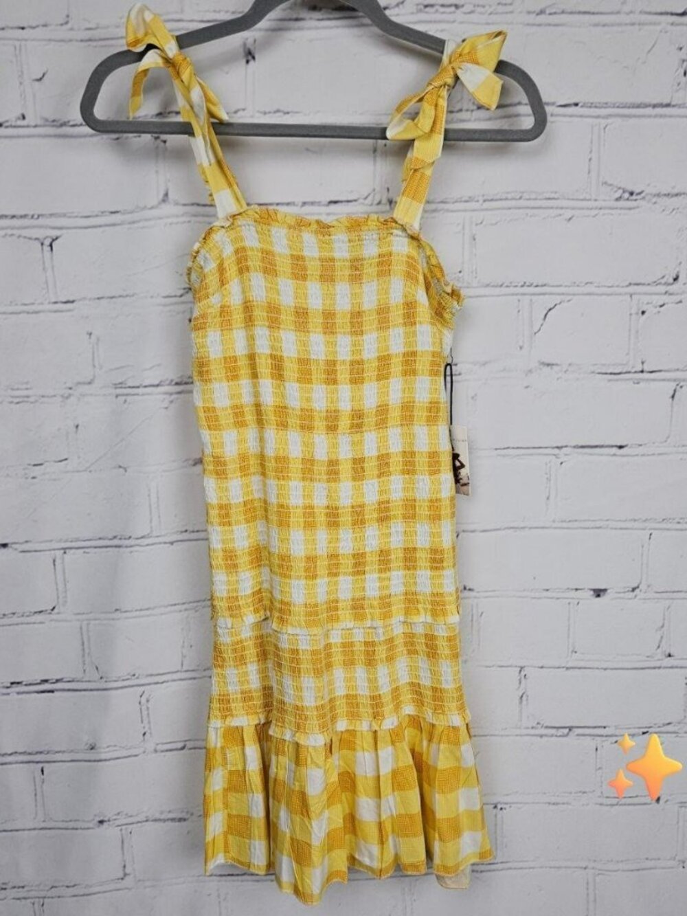 Yellow Gingham sun Dress Tie Straps Sincerely Jules Summer Womens L w Scrunchie